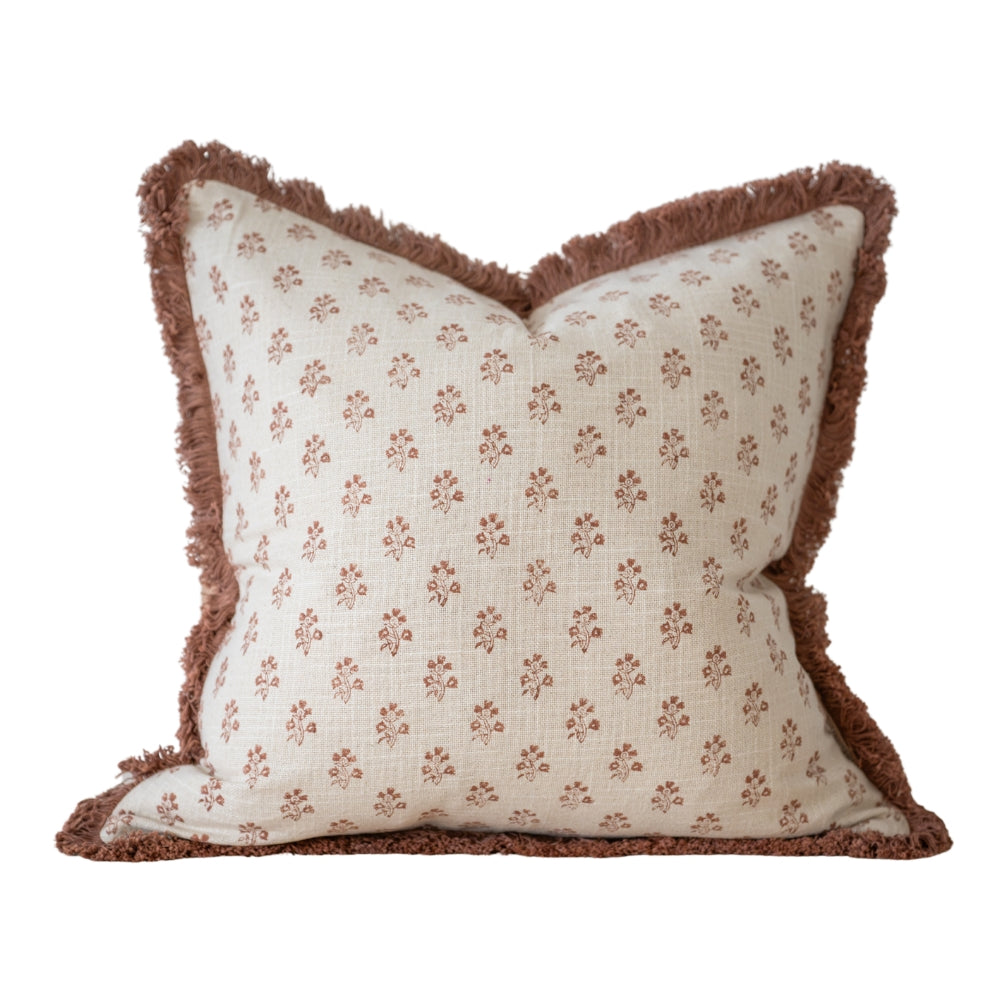 Sadie Dusty Pink Print Fringed Edge Cushion 45cm