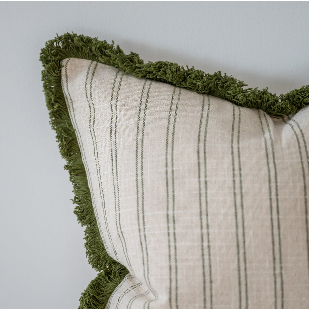 Sadie Olive Stripe Fringed Cushion 45cm