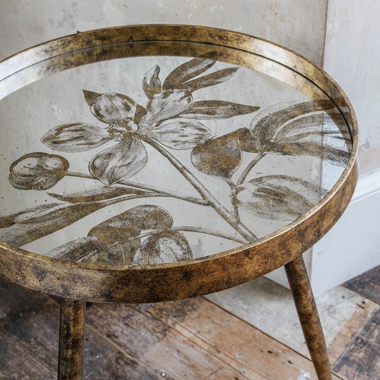 WALTHAM ROUND MIRRORED FLORAL TRAY TABLE