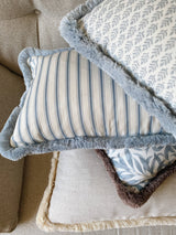 The Riley Blue Ticking Stripe Fringed Cushion