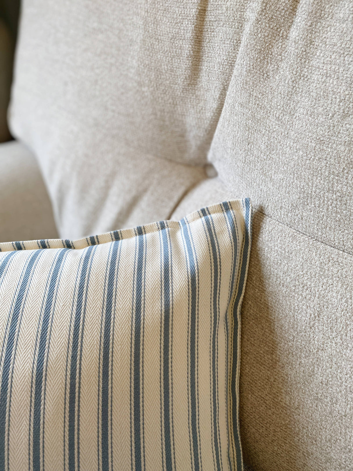 The Riley Blue Ticking Stripe Oxford Edge Cushion