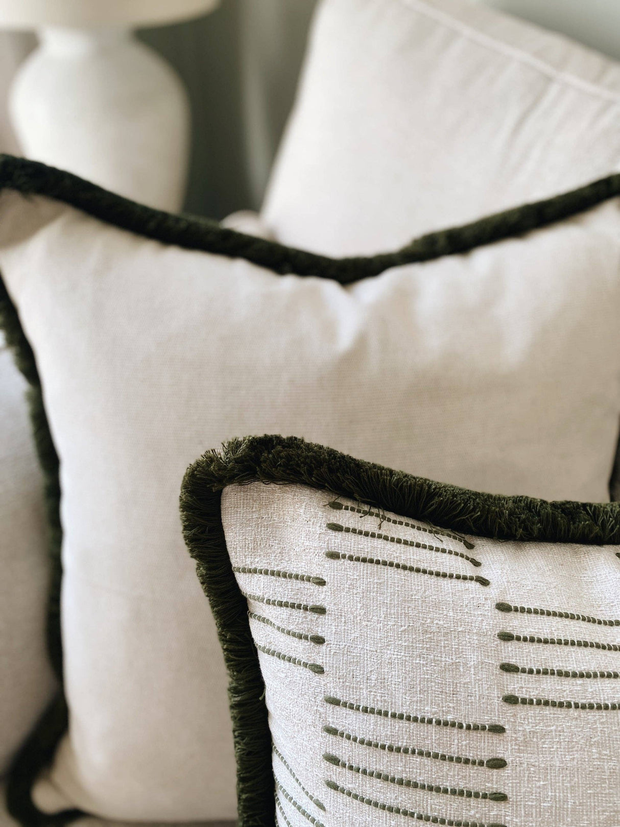 The Hazel Cream Neutral Woven Moss Fringed Cushion