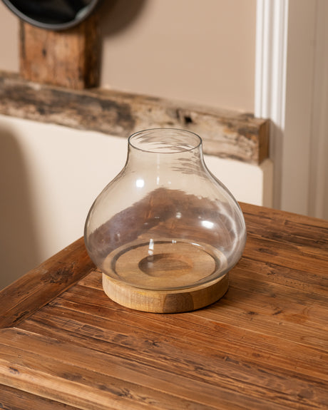 CLAYMORE TEARDROP GLASS AND WOOD HURRICANE