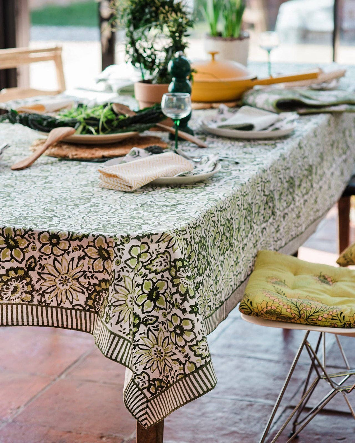 MEADOW GREEN hand block printed tablecloth - 2 sizes