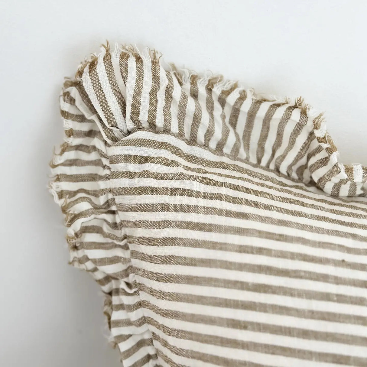 Hallie Ruffled Linen Cushion 50x30cm – Olive Stripe