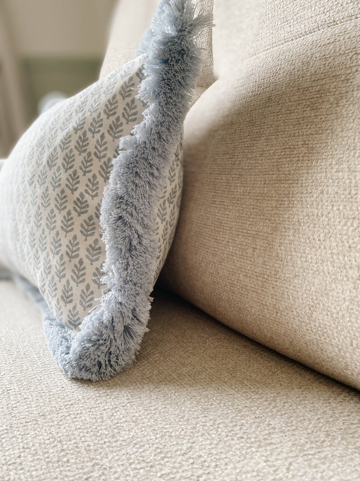 The Florrie Blue Block Print Leaf Fringed Cushion