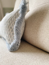 The Florrie Blue Block Print Leaf Fringed Cushion