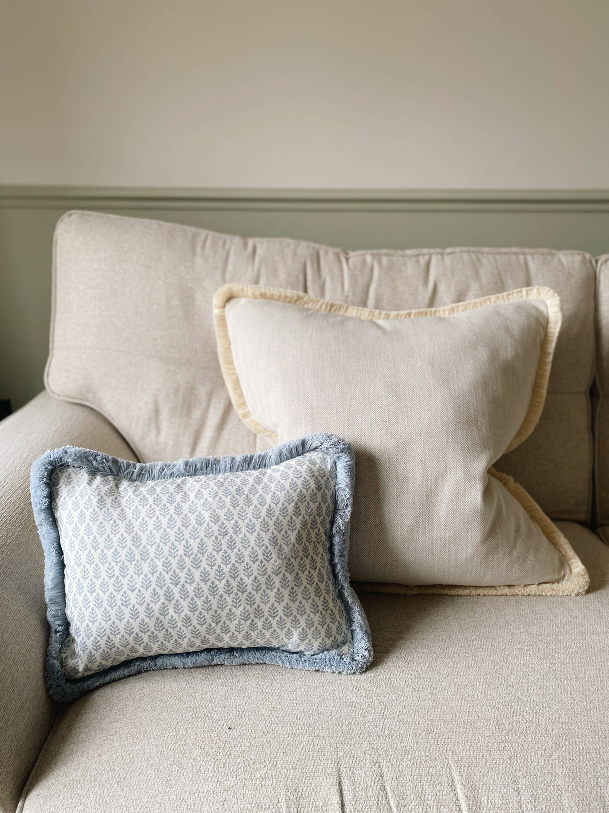 The Florrie Blue Block Print Leaf Fringed Cushion