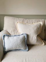 The Florrie Blue Block Print Leaf Fringed Cushion