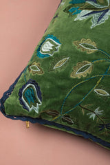 Blue on Green Velvet Floral Embroidered Cushion Cover