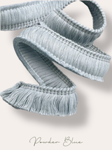 The Florrie Blue Block Print Leaf Fringed Cushion