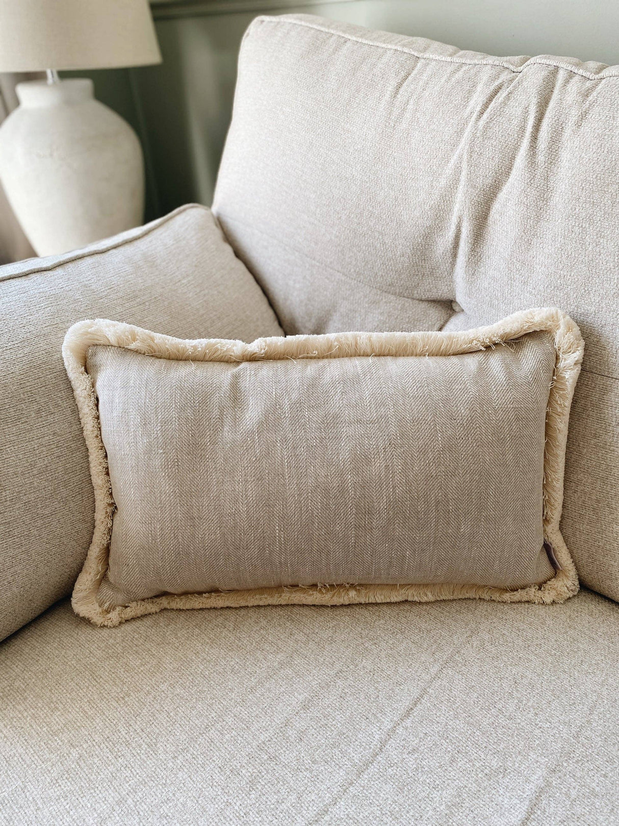 The Tilly Beige Linen Herringbone Fringed Cushion/2 Sizes