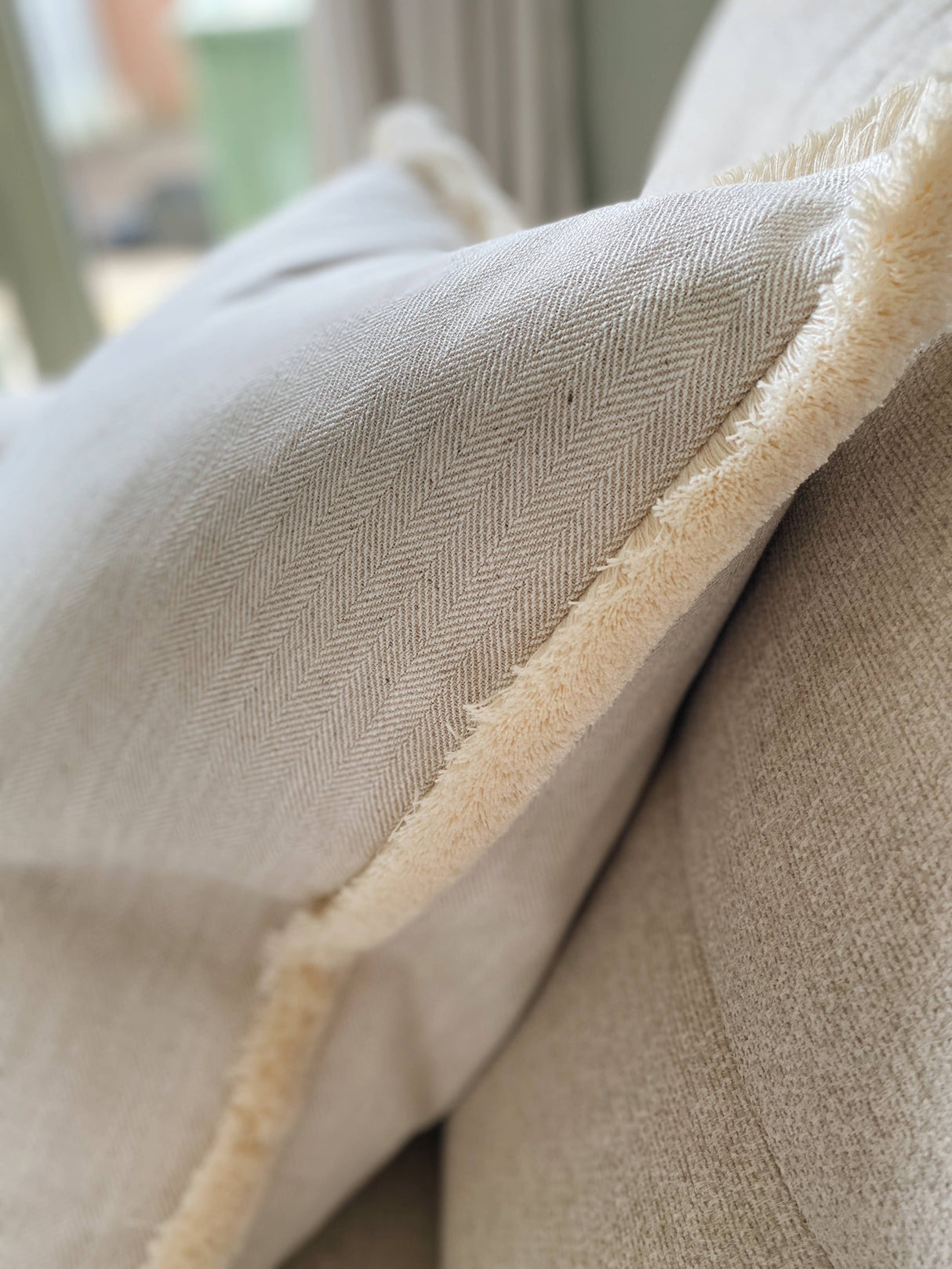 The Harriet Cream Neutral Herringbone Fringed Cushion