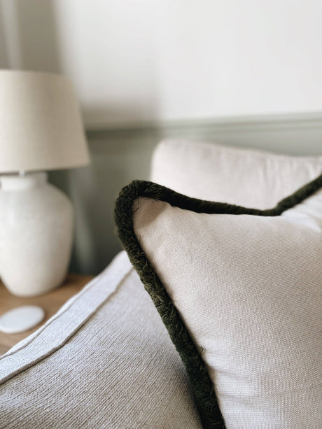 The Hazel Cream Neutral Woven Moss Fringed Cushion