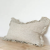 Hallie Ruffled Linen Cushion 50x30cm – Olive Stripe