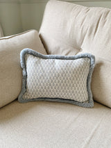 The Florrie Blue Block Print Leaf Fringed Cushion