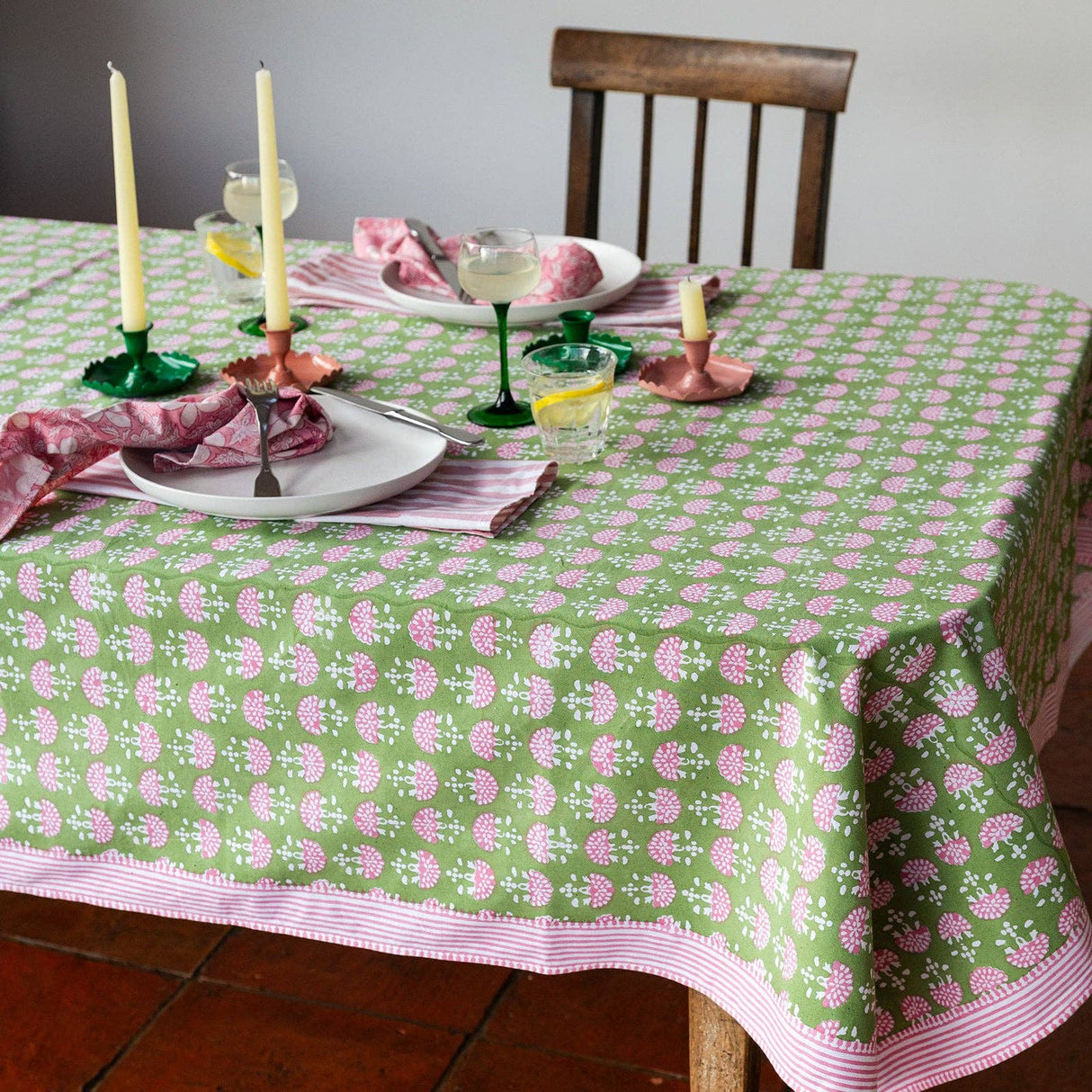 FAN YEABRIDGE GREEN hand block printed tablecloth - 2 sizes