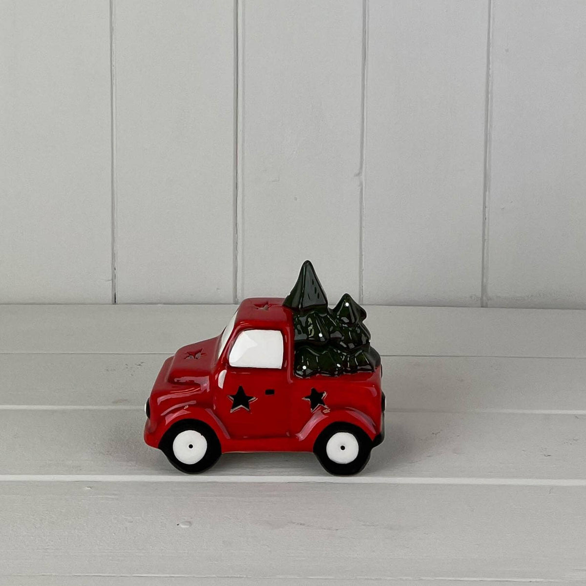 Red Ceramic Car Carrying Christmas Trees Led
