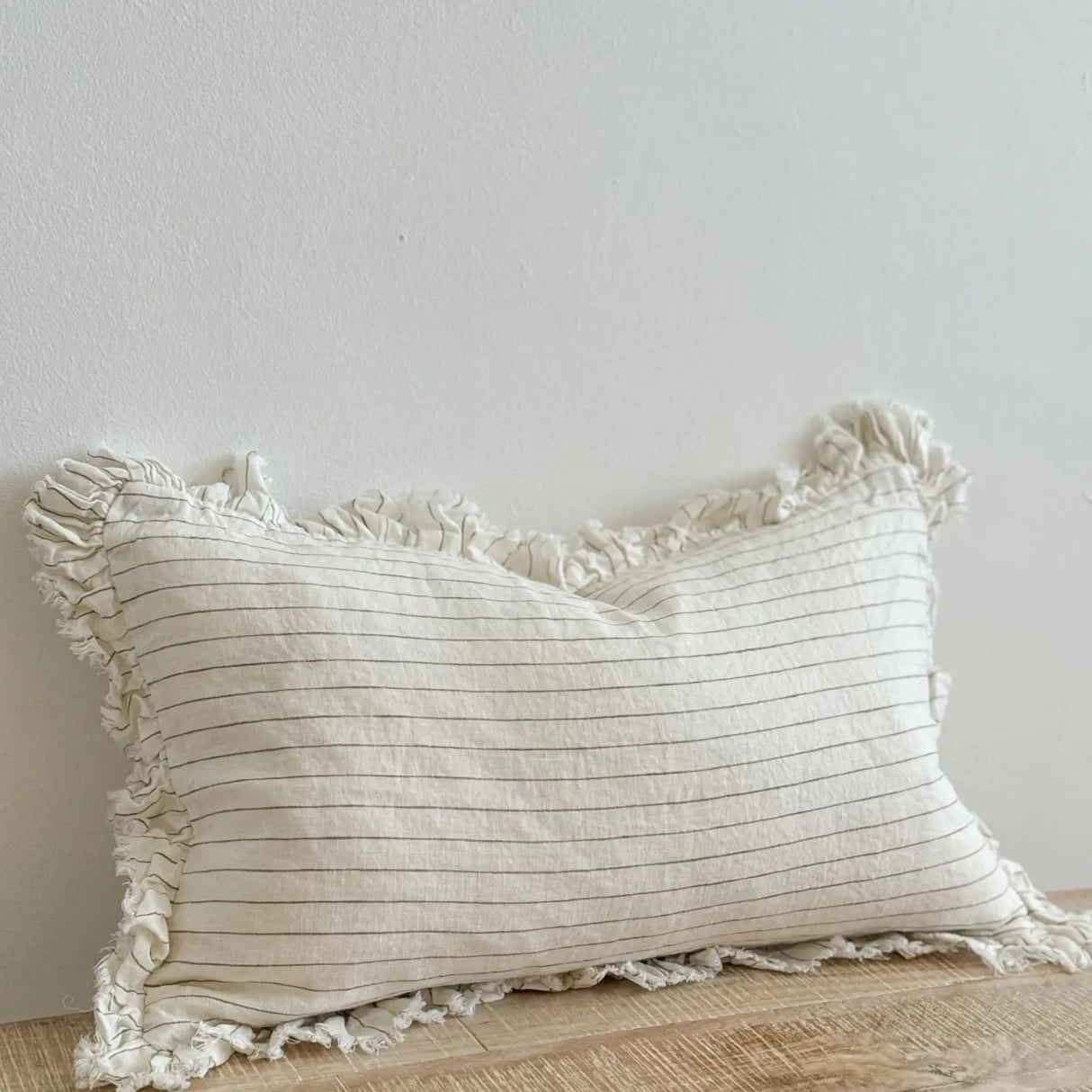 Hallie Ruffled Linen Cushion 50x30 – Olive Pinstripe