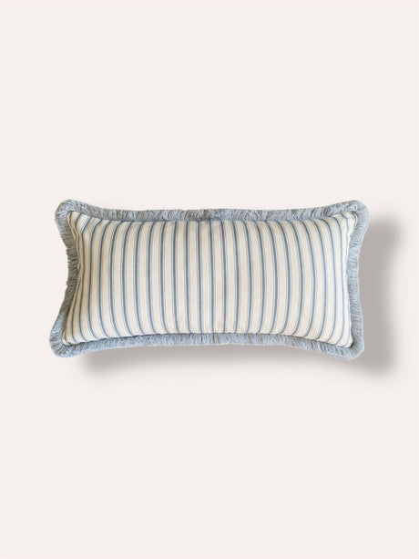 The Riley Blue Ticking Stripe Fringed Cushion