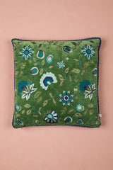Blue on Green Velvet Floral Embroidered Cushion Cover
