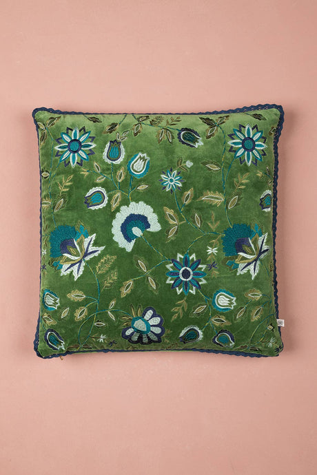 Blue on Green Velvet Floral Embroidered Cushion Cover