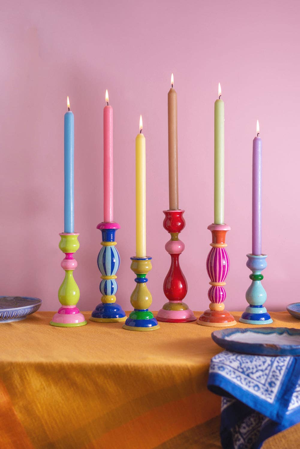 Pink Stripe Hand Painted Wooden Candle Holder