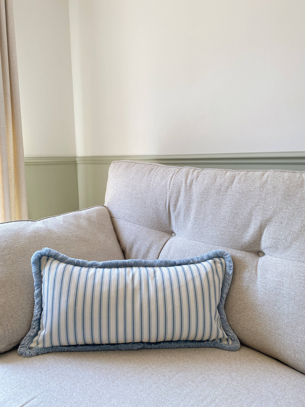 The Riley Blue Ticking Stripe Fringed Cushion