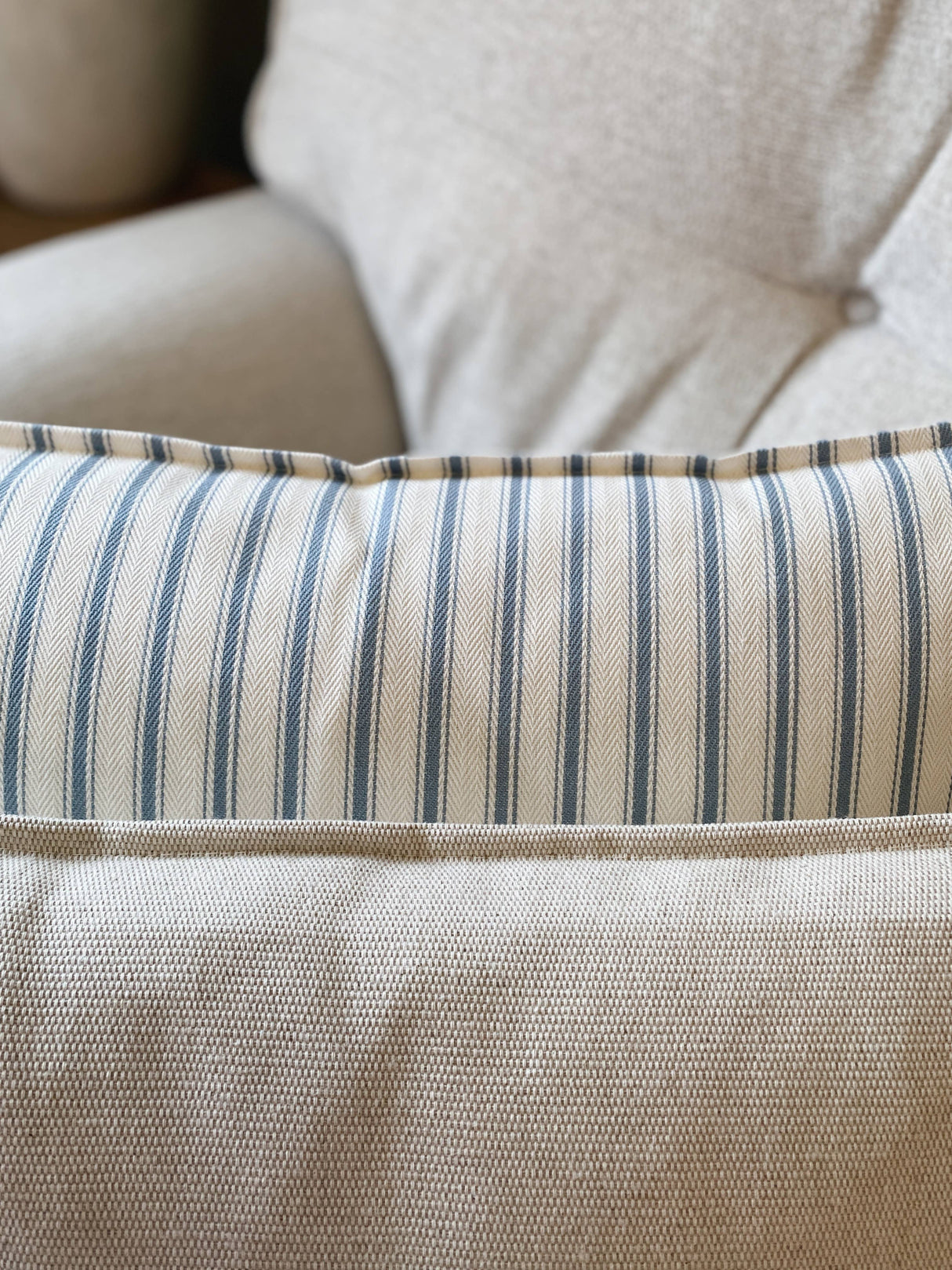 The Riley Blue Ticking Stripe Oxford Edge Cushion