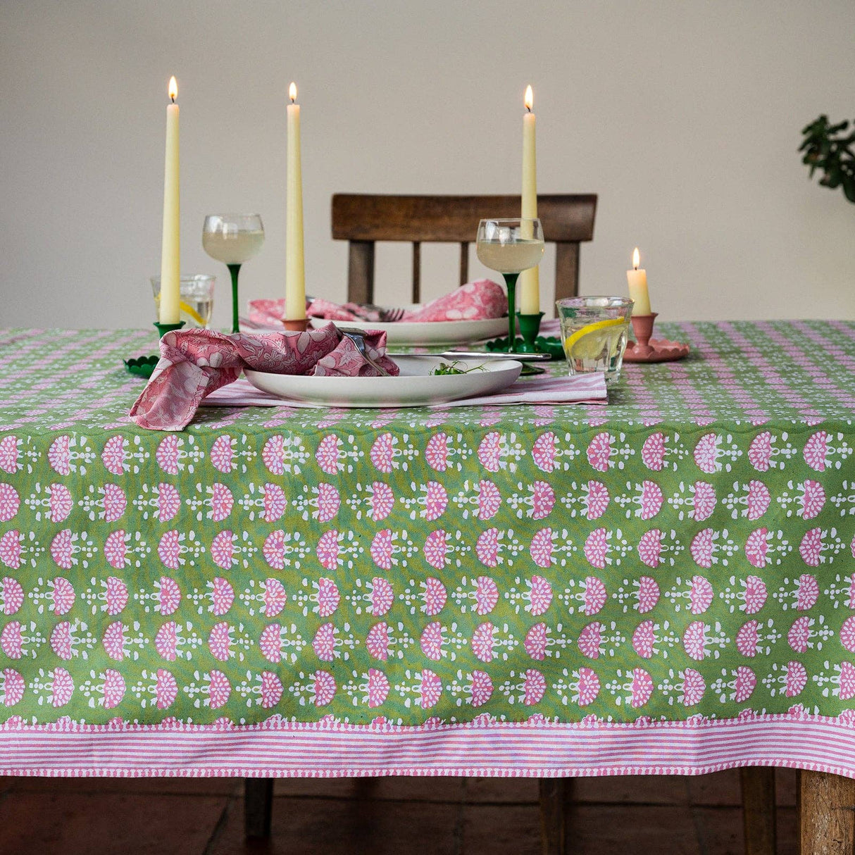 FAN YEABRIDGE GREEN hand block printed tablecloth - 2 sizes