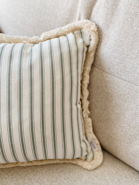 The Riley Green Ticking Stripe Fringed Cushion