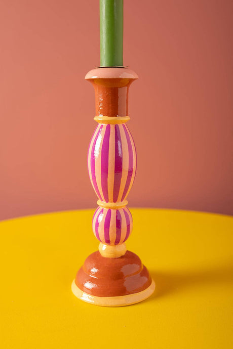 Pink Stripe Hand Painted Wooden Candle Holder