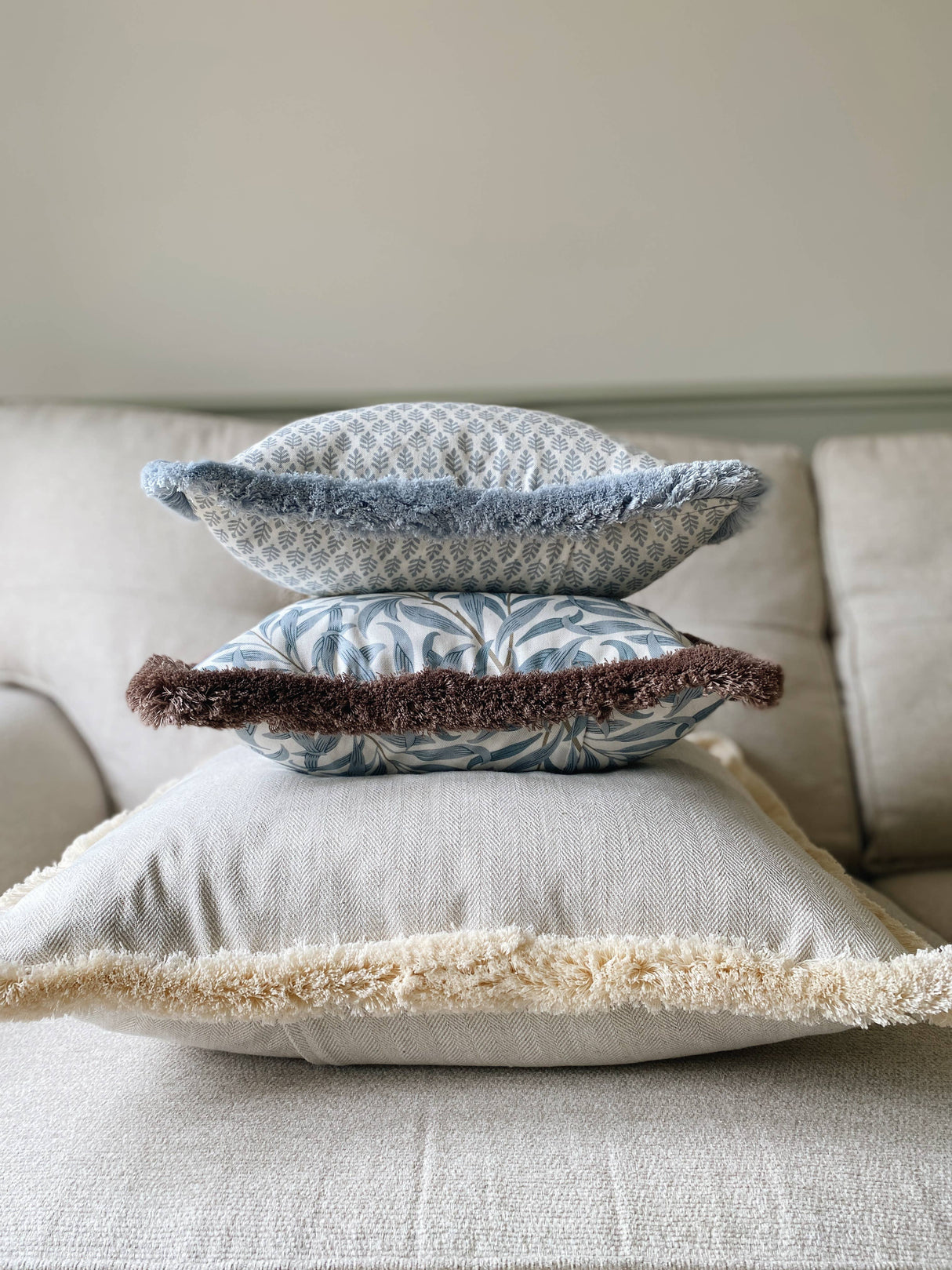 The Florrie Blue Block Print Leaf Fringed Cushion