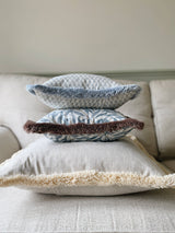 The Florrie Blue Block Print Leaf Fringed Cushion