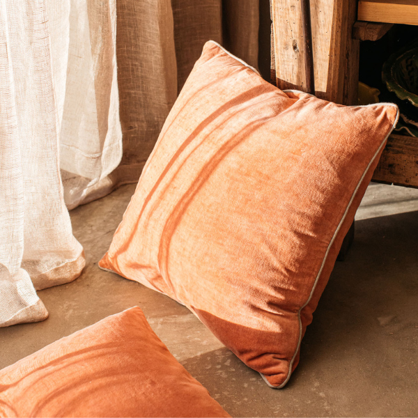 washed coral unari velvet cushion