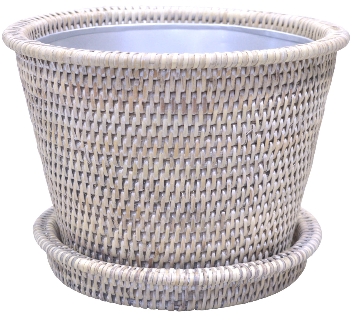RATTAN PLANTER W/SAUCER & METAL INSERT - NATURAL WHITE WASH