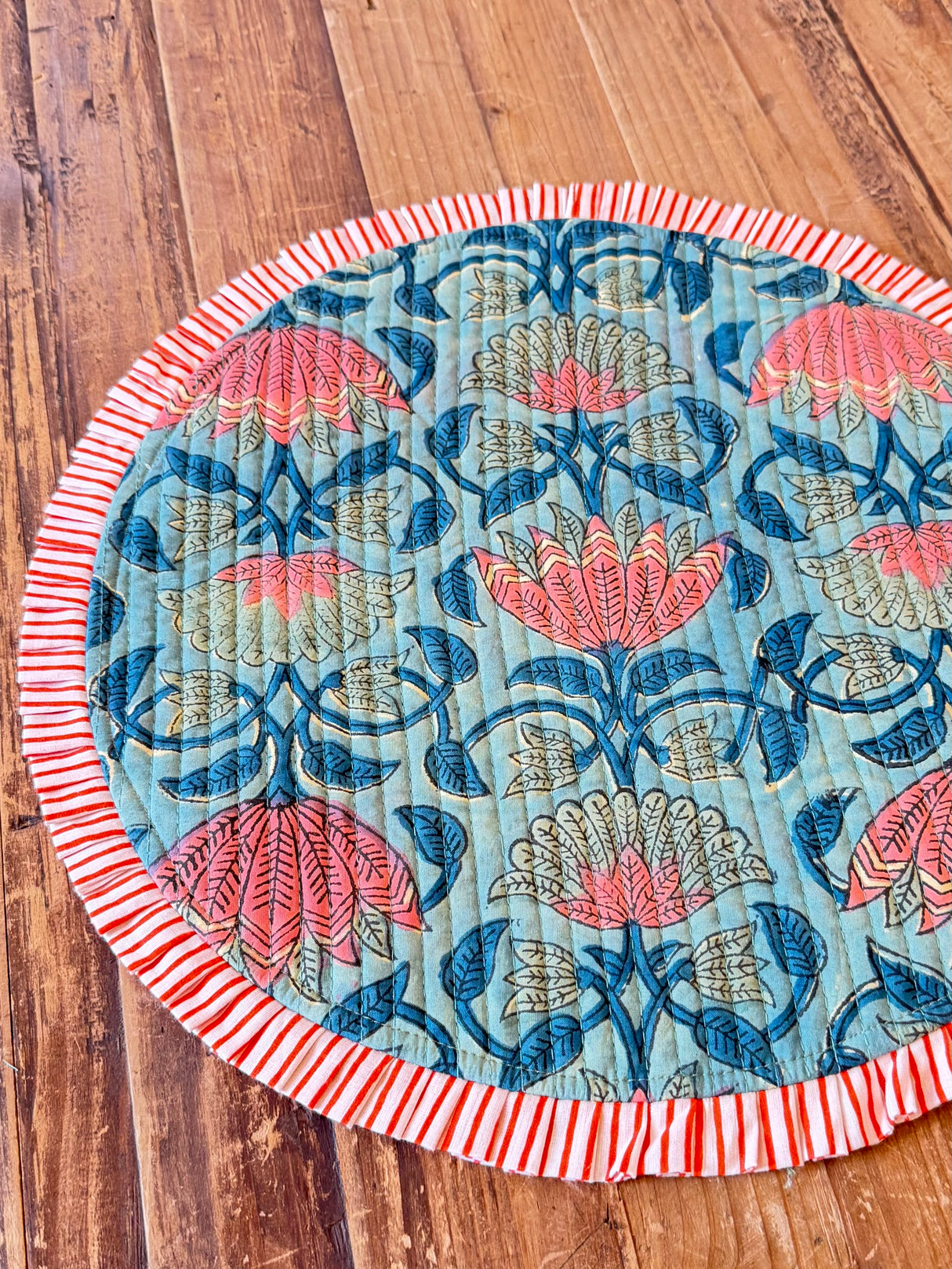 Traditional block print Green floral round table mat with frill S/6