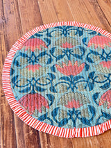 Traditional block print Green floral round table mat with frill S/6