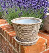 RATTAN PLANTER W/SAUCER & METAL INSERT - NATURAL WHITE WASH