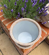 RATTAN PLANTER W/SAUCER & METAL INSERT - NATURAL WHITE WASH