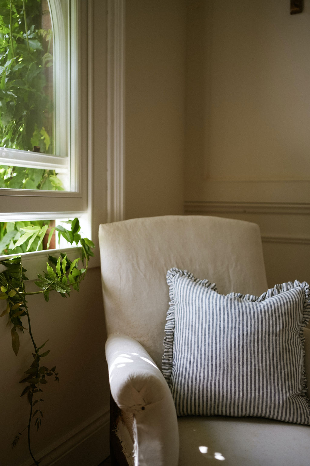 The Provence Ticking Stripe Washed Linen Cushion Blue 40cm
