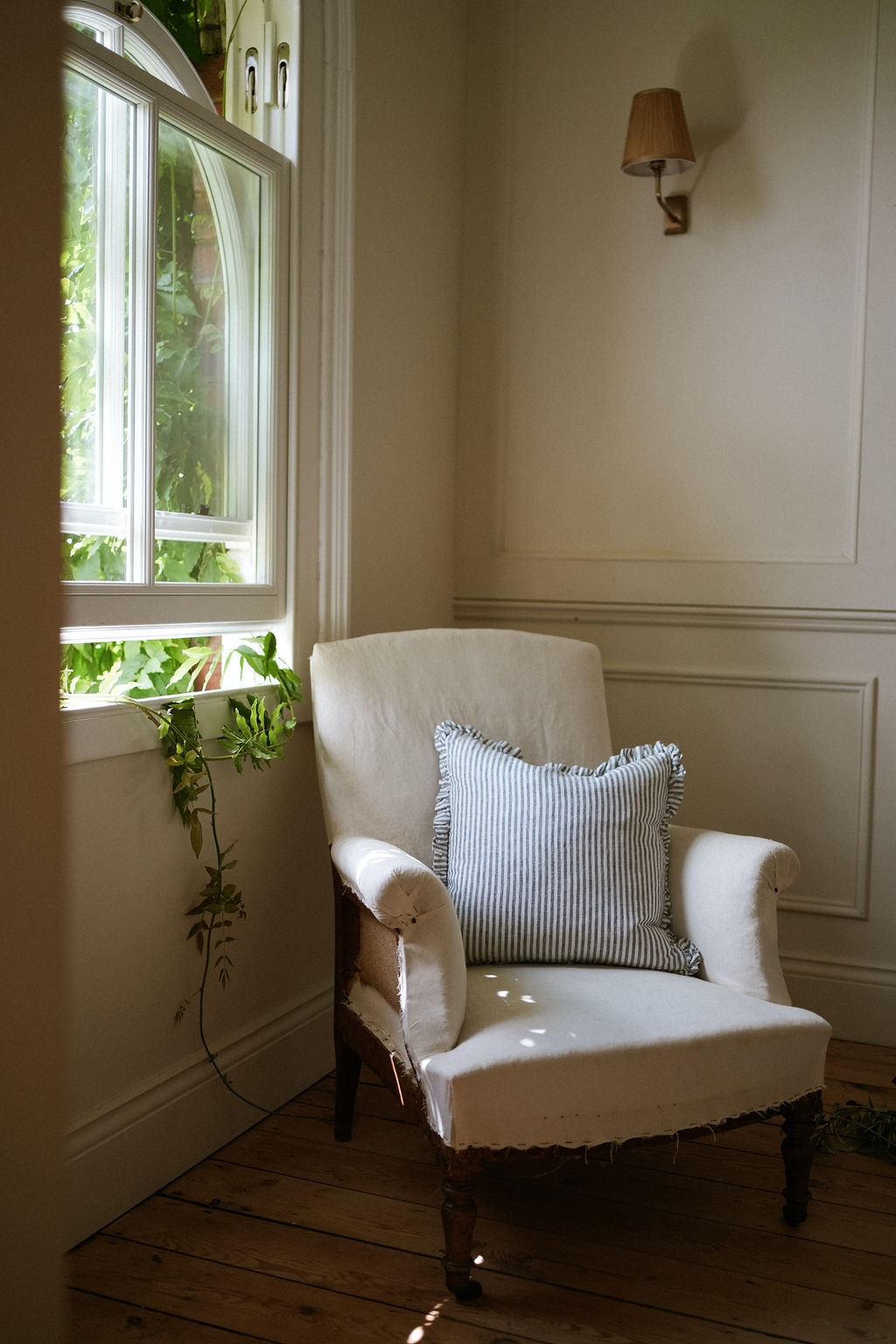 The Provence Ticking Stripe Washed Linen Cushion Blue 40cm