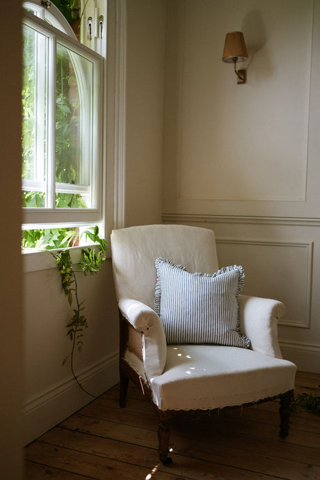 The Provence Ticking Stripe Washed Linen Cushion Blue 40cm