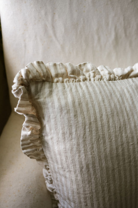 The Provence Ticking Stripe Washed Linen Cushion Taupe 40cm