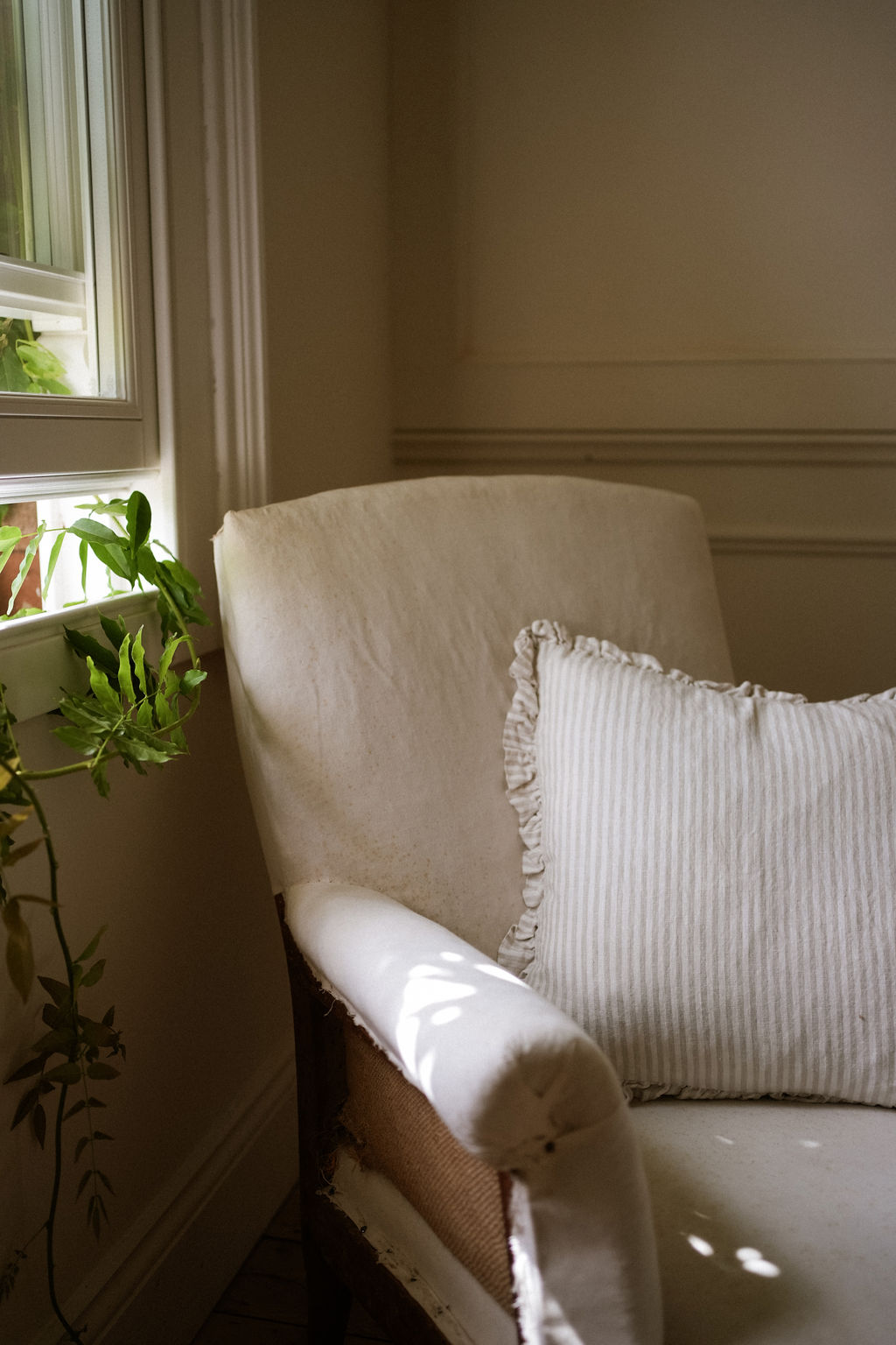The Provence Ticking Stripe Washed Linen Cushion Taupe 40cm