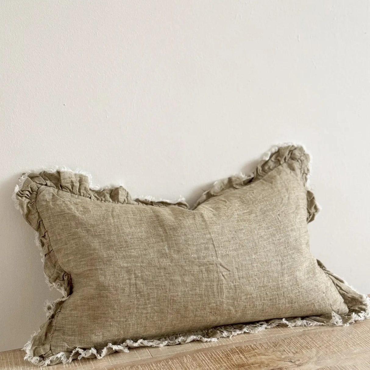 Hallie Ruffled Linen Cushion 50x30cm – Washed Olive