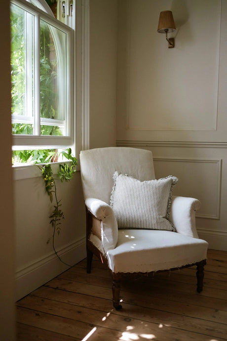 The Provence Ticking Stripe Washed Linen Cushion Olive 40cm