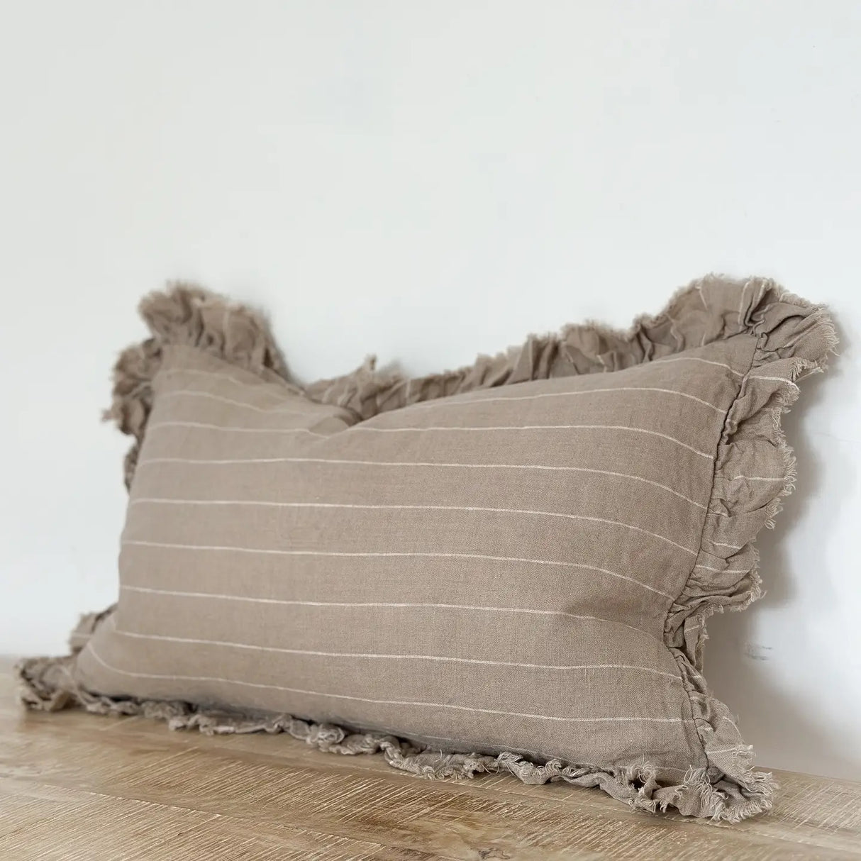 Hallie Ruffled Stone washed Linen Cushion – Natural Beige Stripe 30x50cm