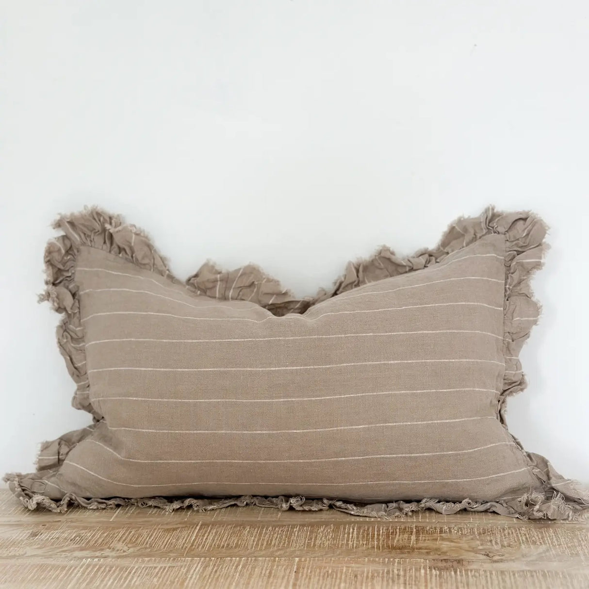 Hallie Ruffled Stone washed Linen Cushion – Natural Beige Stripe 30x50cm