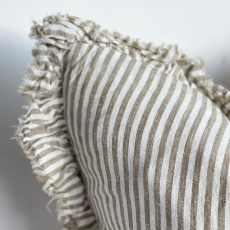 Hallie Ruffled Linen Cushion 45cm – Olive Stripe